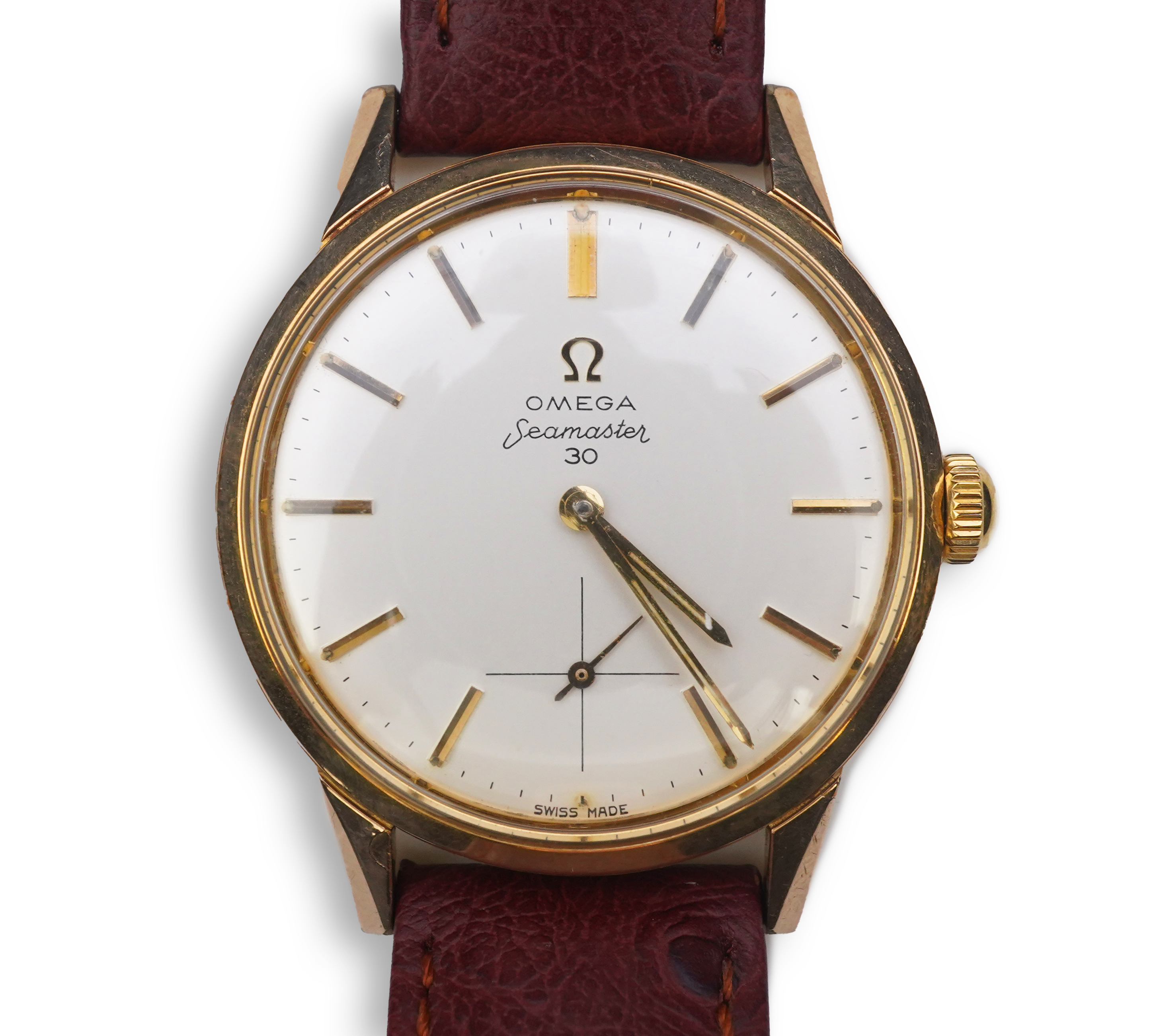 A gentleman's early 1960's steel and gold plated Omega Seamaster 30 manual wind wrist watch, on a later associated leather strap